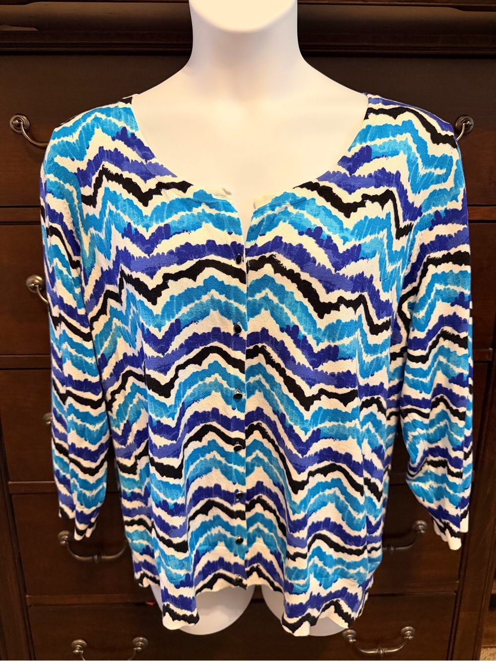 Blue Wave Print Button-Front Cardigan